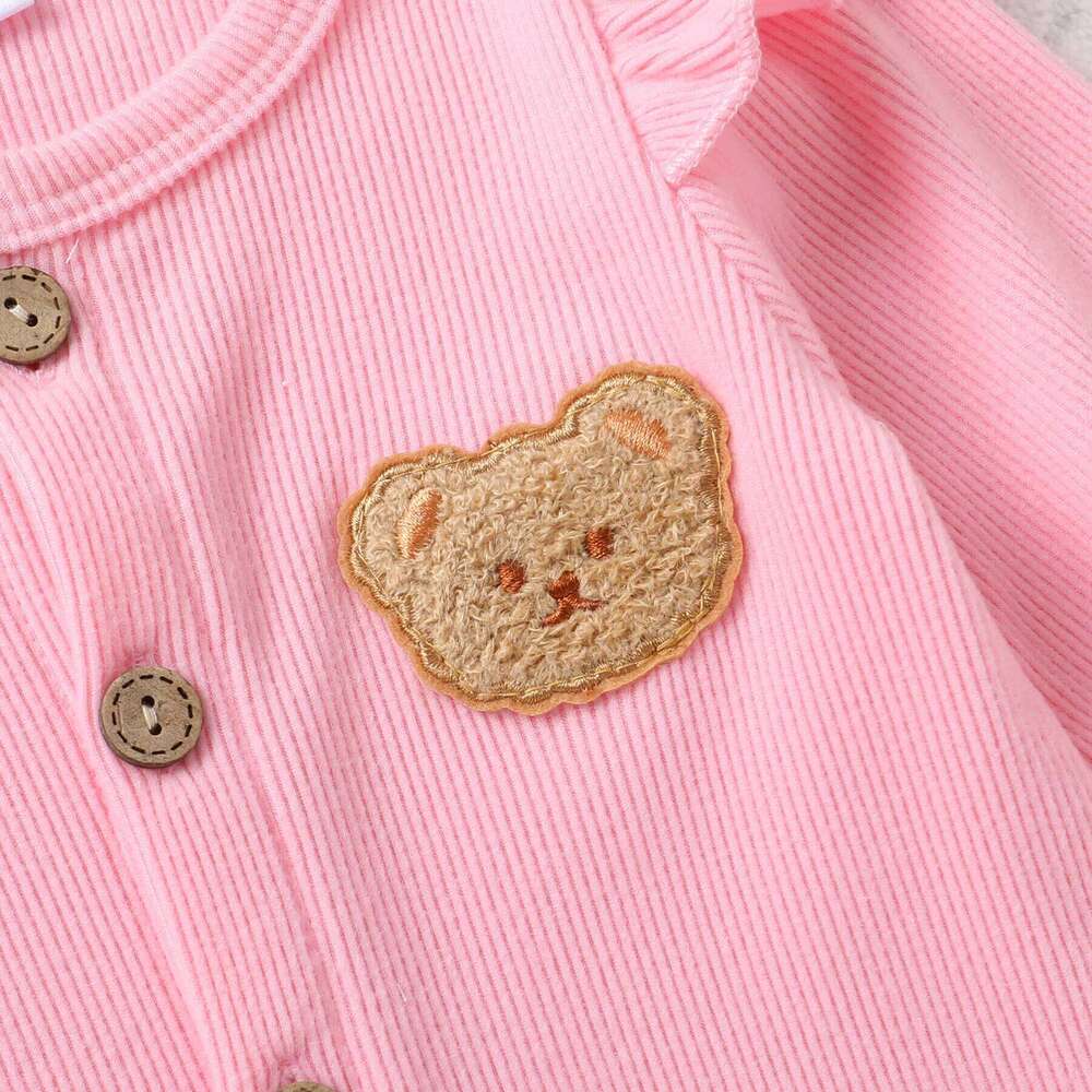 Newborn Baby Girl Autumn Soft Ruffle Long Sleeve Cute Bear Applique Ribbed Bodysuit And Headband Two Piece Set 26H0224