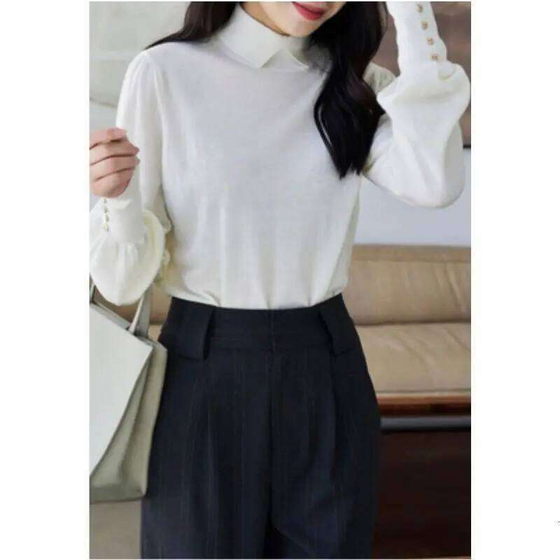 Women Clothing Temperament Polo Neck Knitting Pullovers Top Autumn Winter New Button Long Sleeve Solid Sweaters Elegant Fashion 26W0224