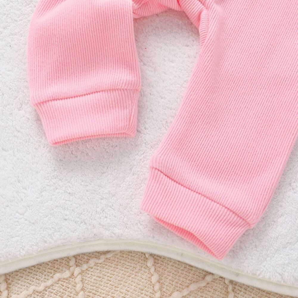 Newborn Baby Girl Autumn Soft Ruffle Long Sleeve Cute Bear Applique Ribbed Bodysuit And Headband Two Piece Set 26H0224
