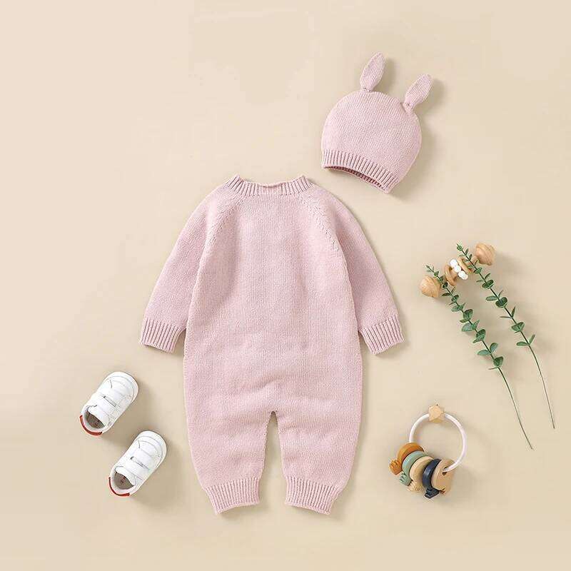Infant Baby Rompers Knit Newborn Girl Boy Jumpsuit Long Sleeve Autumn Toddler Child Clothes Hat 0-18M Fashion Solid 2PC Overalls 26H0224