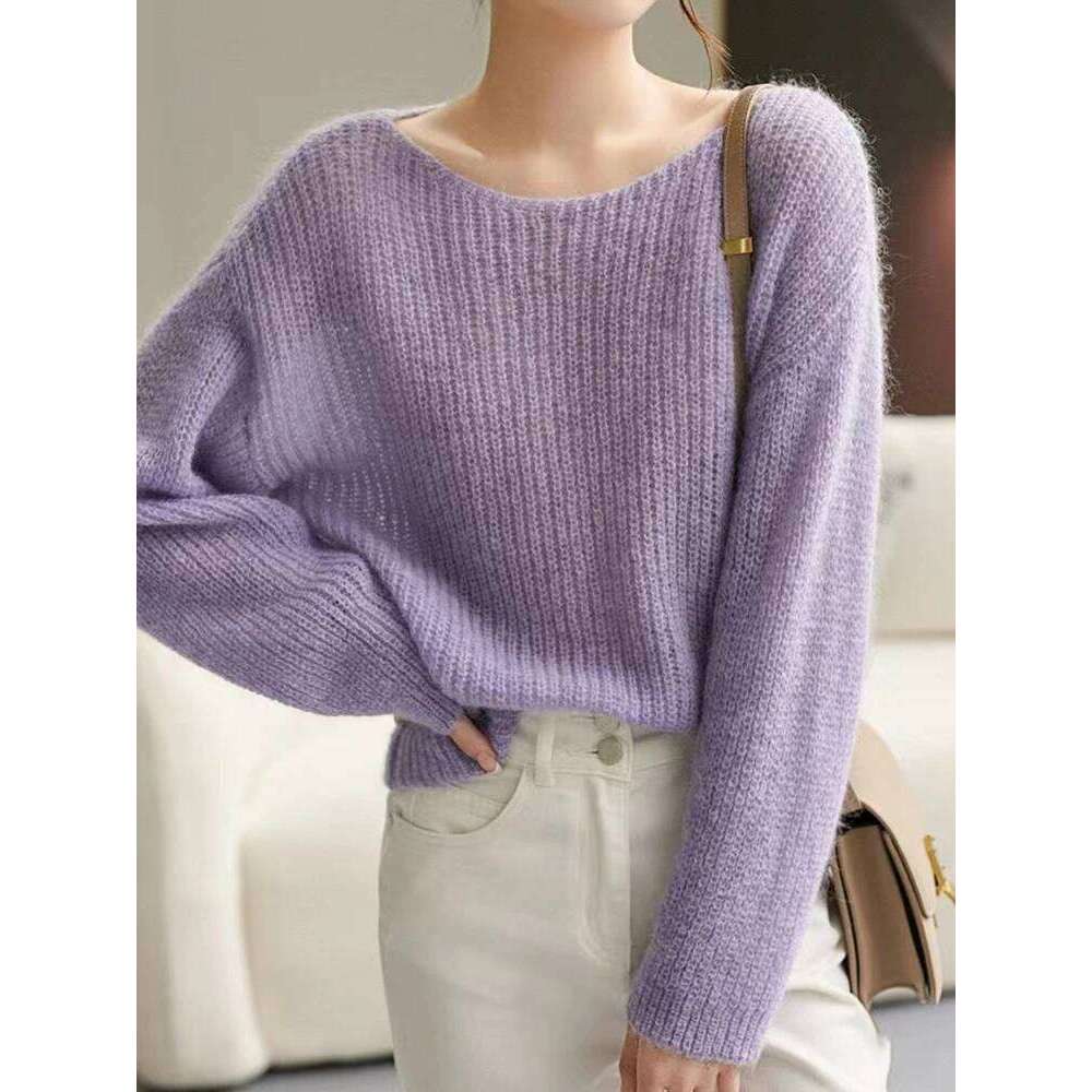Elegant See-through Pullover Loose Jumper Autumn Winter Soft Warm Women Knitwear Sweater Basic Solid Cashmere Tops 26L0224