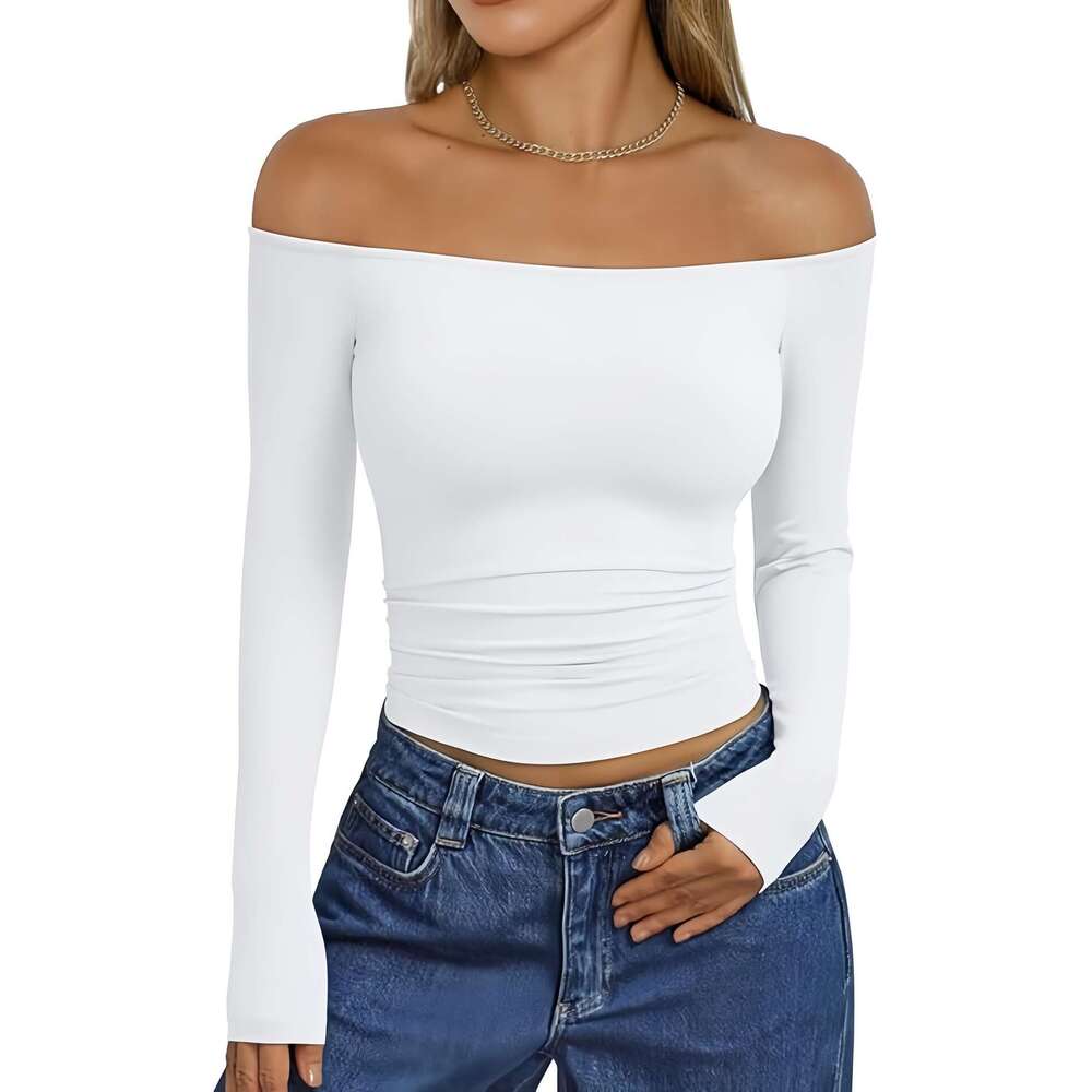 2026 European American cross-border new fashionable and sexy off-shoulder long-sleeve slim-fit T-shirt, versatile women's clothing