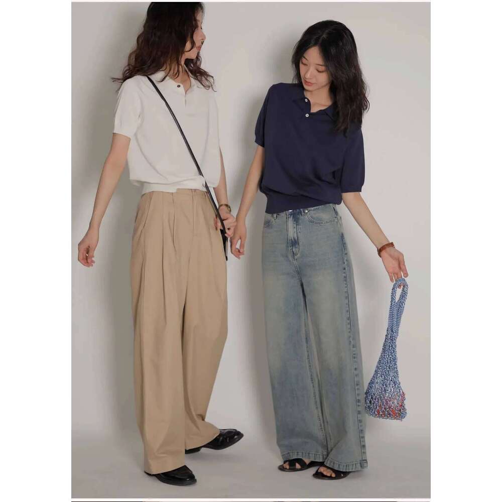 Women's Blue Ice Silk Knitted Polo Shirt Short Sleeve French Lapel Top Thin Summer High-Grade Shoulder T-Shirt 26W0224