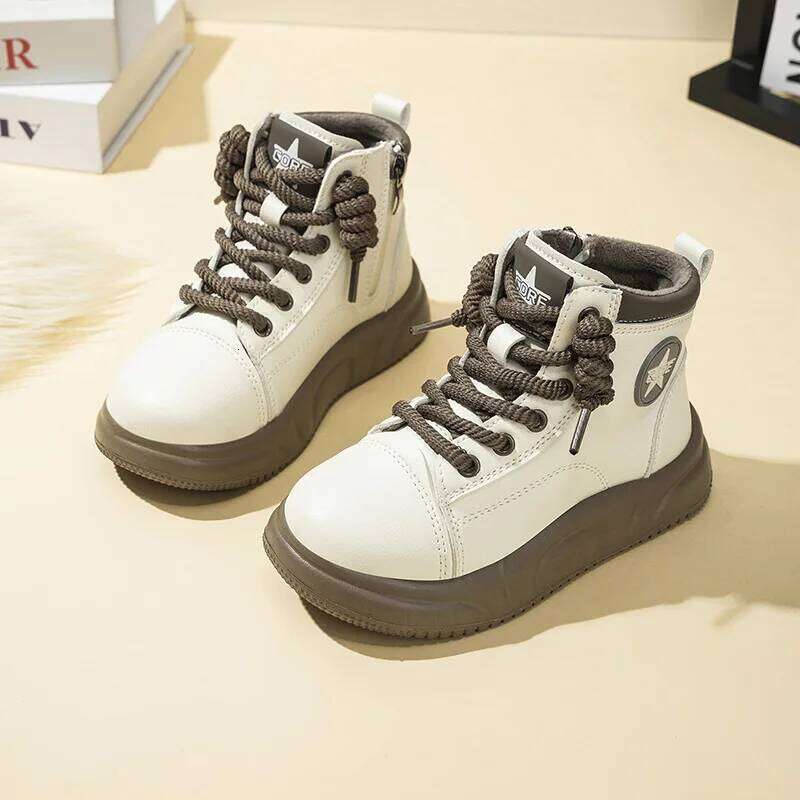 Children's Padded Sneakers 3-18 Years Old High Top Thickened Boys Girls Casual Brown Soft Non-slip Kids Cotton Shoes 26W0224