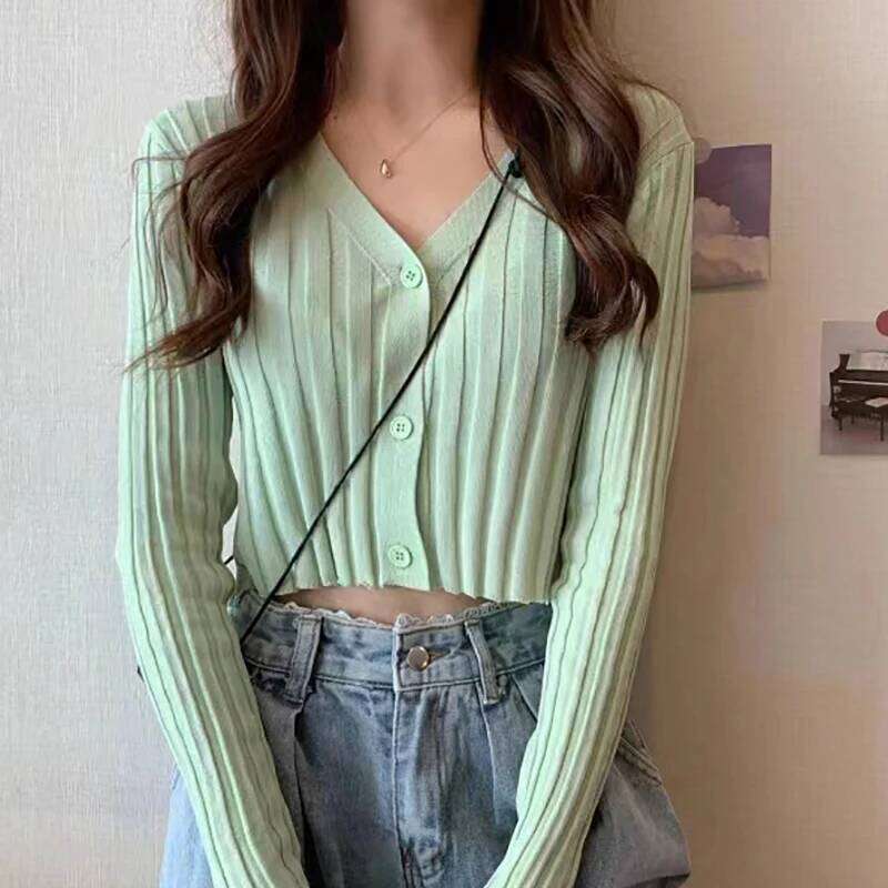 ITOOLIN Women Buttons Up Cardigan Shirt Acrylic Long Sleeve V-Neck Slim Cropped Knitwear Ribbed Knit Thin Solid Stretch Top 26L0224