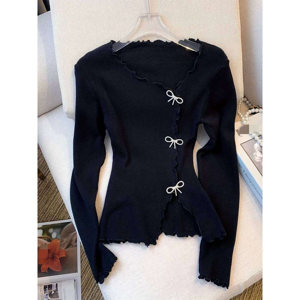 2026 Black/White Solid Lettuce Trim Bowknot Pullover Y2K Casual Long Sleeve Sweater For Spring & Fall Women's Clothing 26L0224