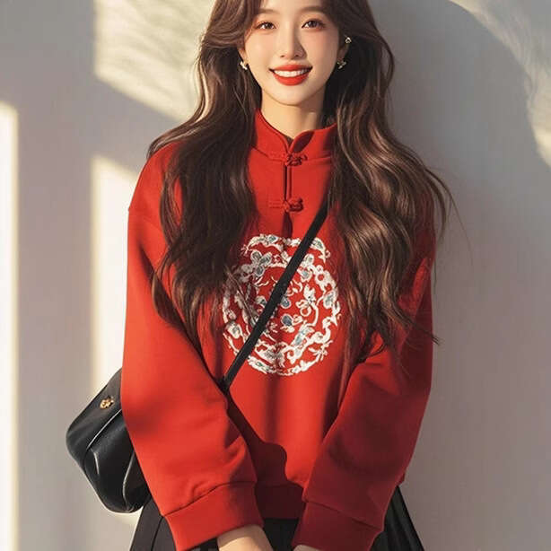 New Chinese Women's Clothing National Style Red Sweatshirt In Their Zodiac Year, Slim Fit, Regular Shoulder Design, Printed Top For Petite Women