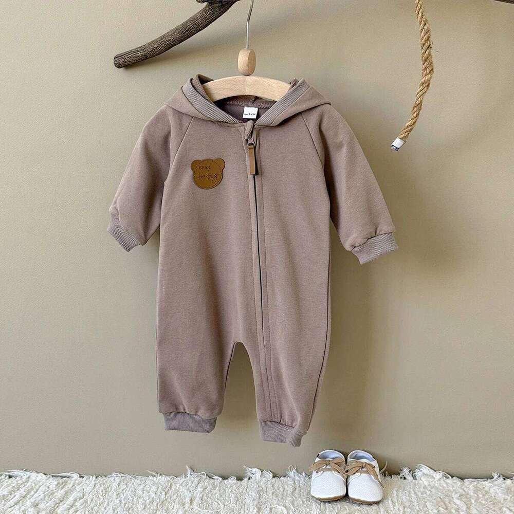 Korean Style Autumn Baby Boy Girl Clothes Hooded Cute Solid Color Zipper Jumpsuit Fashion Casual Comfortable Breathable Bodysuit 26Y0224