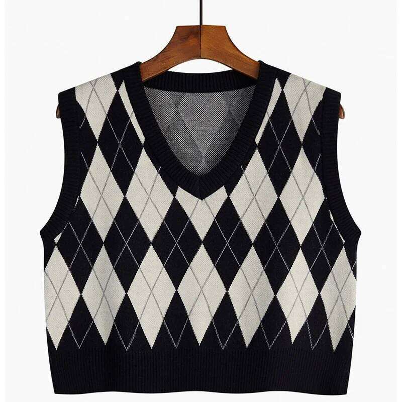 Autumn Fashion Female Vintage Plaid Sweater Vests Women's Tank Tops Crop Top Women Sleeveless Knitted Vest Waistcoat 26L0224