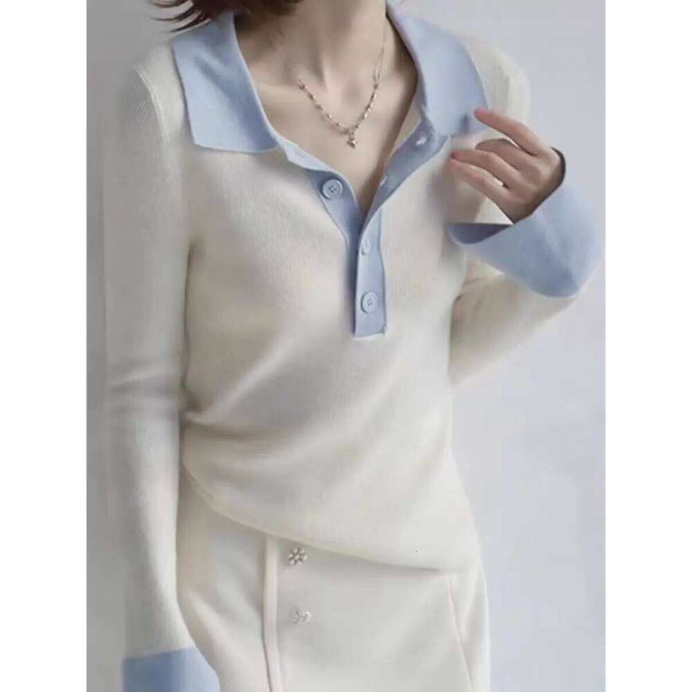 Autumn Winter New Woman 100% Merino Wool Sweater Soft Polo Collar Contrast Color Pullover Knitted Tops Cashmere Female Clothing 26W0224