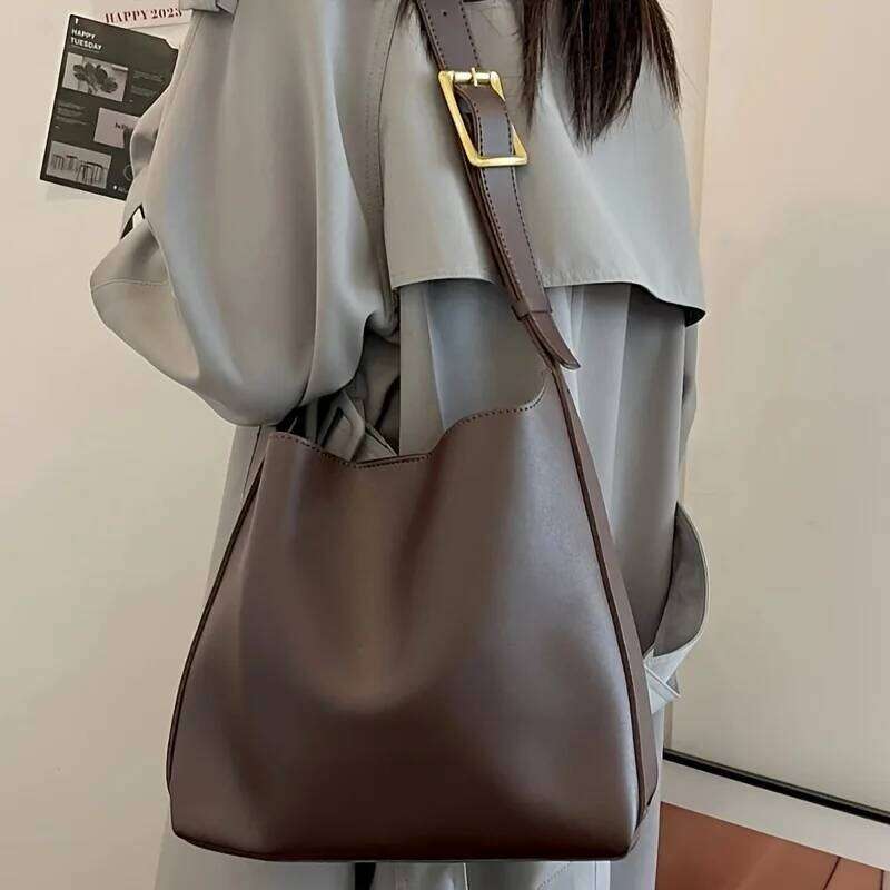 Women's Fashion Tote Minimalist Shoulder Handbag, Retro Faux Leather Bucket Bag, Polyurethane Lining, No Print Z260224