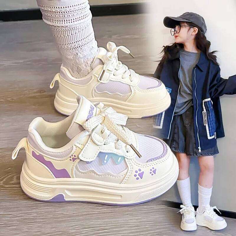 2026 Trend Fashion Sport Shoes For Children PU Leather Teenager Girl's Sneakers Anti-slippery Waterproof Kid's Running Footwear 26W0224