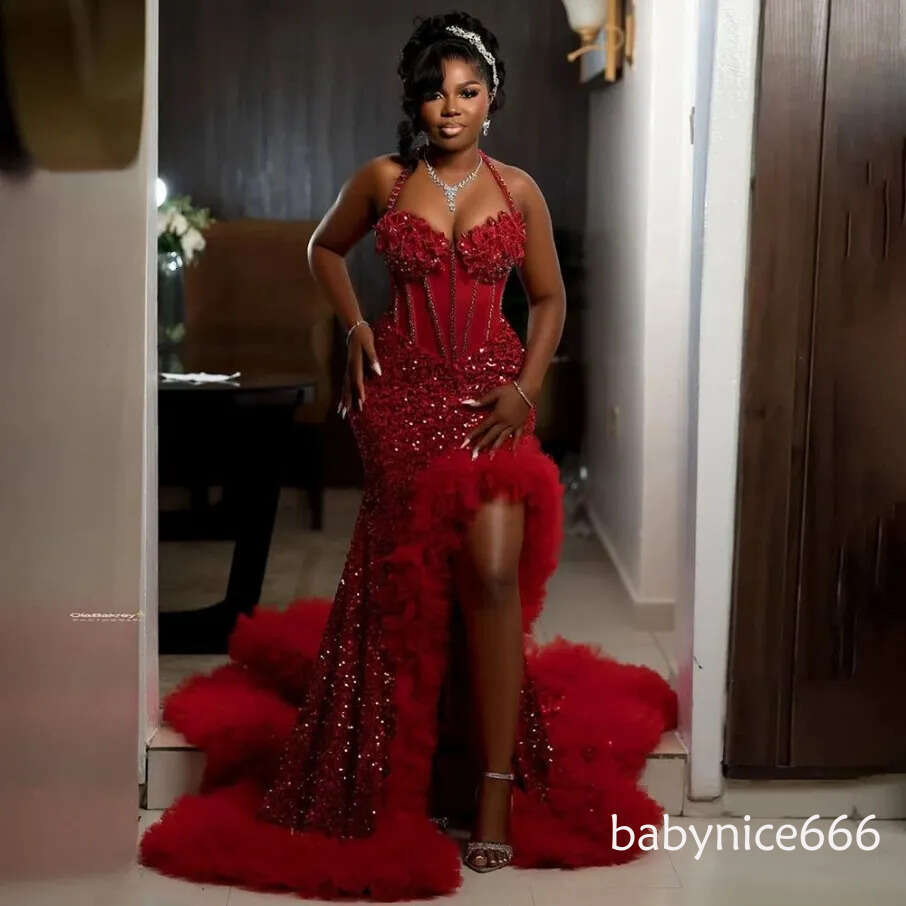 Shinny Crystal Prom Dresses Feathers 2026 Sequined Slit Party Dress For Special Occasion Mermaid Evening Gonws J26