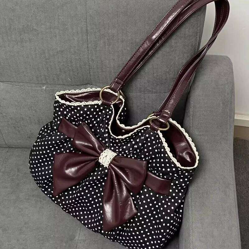 Vintage Y2k Aesthetic Dot Women's Handbag Casual Chic Bow Office Lady Shoulder Bags All Match Streetwear Trendy Ins Underarm Bag Z260224
