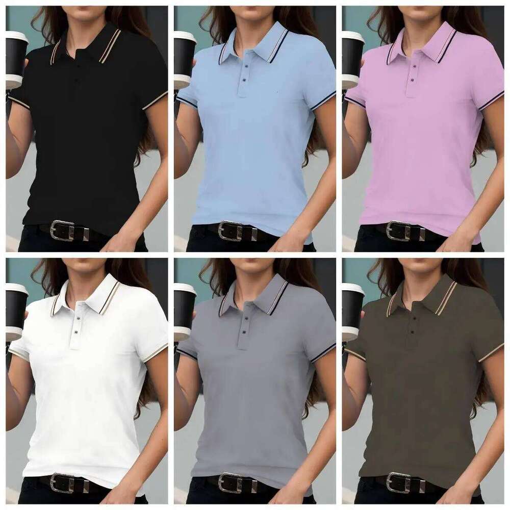 Summer Solid Color Women Stripe Polo Shirts Sport Culture T-Shirts Collar Soft Streetwear All-Match Casual Woman Short Sleeve 26W0224