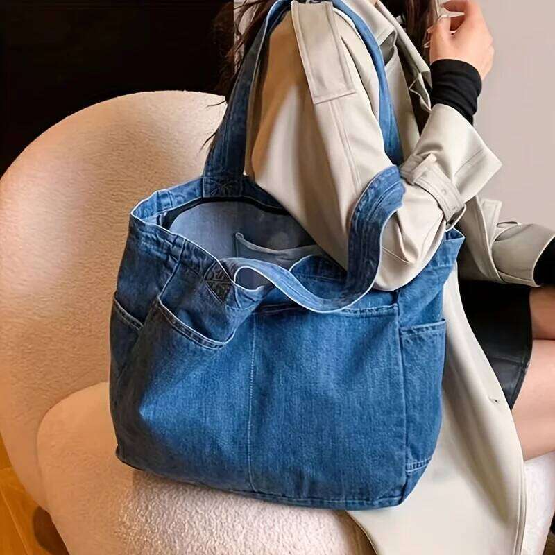 Vintage Denim Tote Retro Large Capacity Shoulder Bag, Women's Casual Handbag & Shopping Bag Women Handbags Z260224