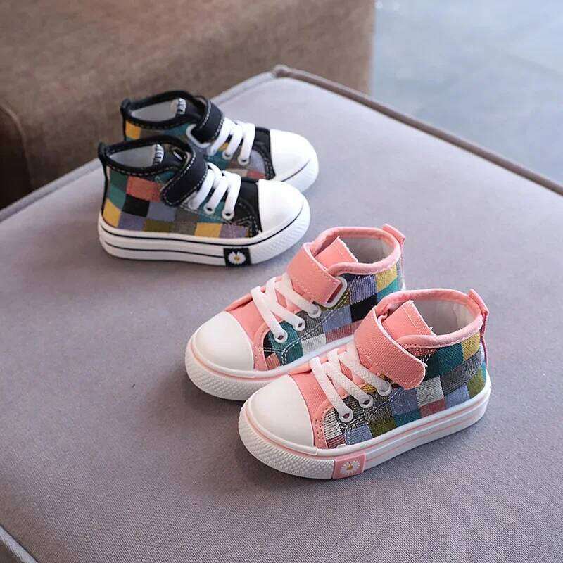 Children New Fashion Canvas Boys Girls Flower Plaid Prints Board High Top Soft Sole Non Slip Hook and Loop Shoes 26W0224
