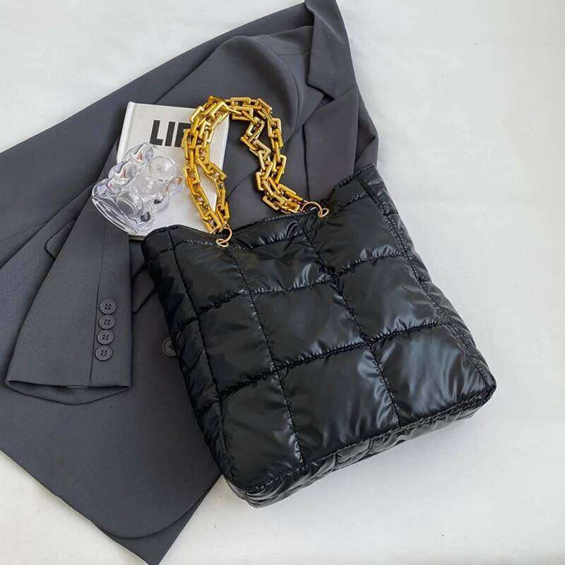 Solid Color Winter Fashion Shoulder Bags For Women, Acrylic Chain Casual Tote Plaid Down Cotton Ladies Handbags Z260224