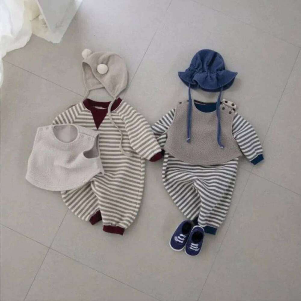 Infant Boy Girl Casual Striped Jumpsuit Plus Velvet Thick Toddler Warm Clothes Winter New Baby Long Sleeve Fleece Romper 26H0224