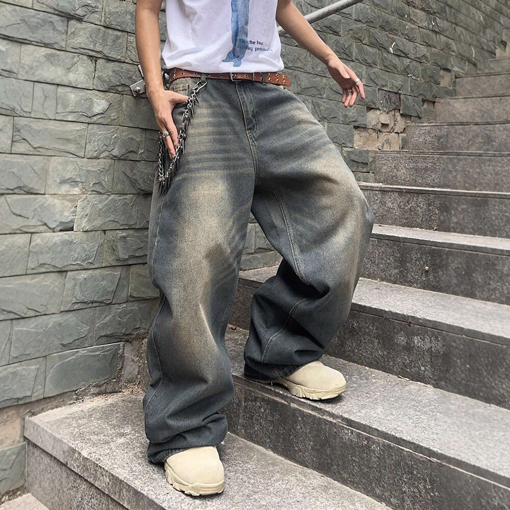 2025 Spring and Autumn New Street Style Trendy Brand Washed Design Jeans Loose Floor-Length Wide-Leg Pants