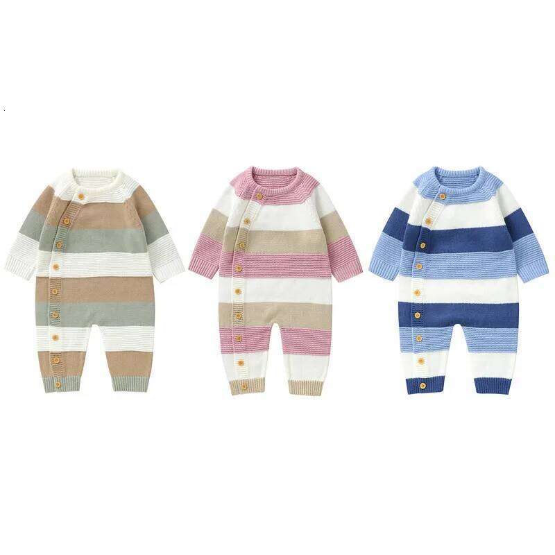 0 to 18 Months Baby Girl Boy Sweater Romper Autumn Winter Clothes Striped Crew Neck Long Sleeve Full Length Jumpsuit 26H0224