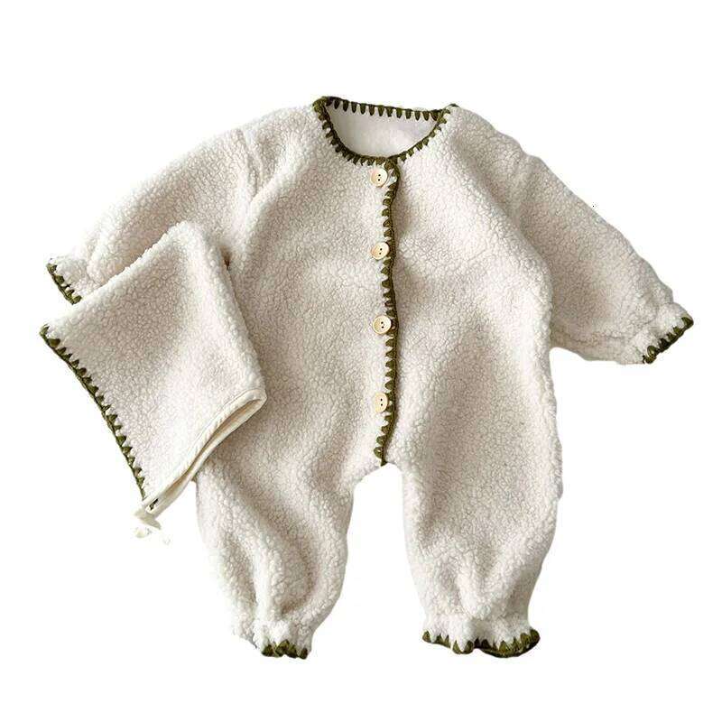 Winter Baby Romper Lamb Wool Jumpsuit Hat Set for Boys Girls Loose Toddler Infant Rompers Fashion Plush Kids Clothing 0-3 Years 26H0224
