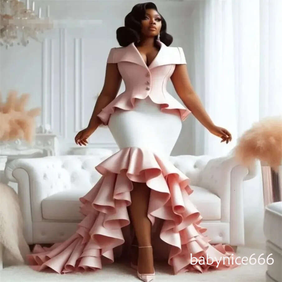 Fairy Pink With White Evening Dresses Aso Ebi Elegant Mermaid Ruffles Fishtail Prom Medieval Cinderalle Birthday Party Gowns Engament Formal Dress J16