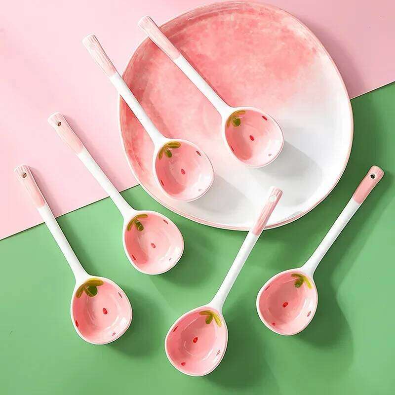 Kawaii Strawberry Ceramic Soup Cute Korean Ice Cream Hand Painted Coffee Dessert Long Handle Spoon Kitchen Accessories