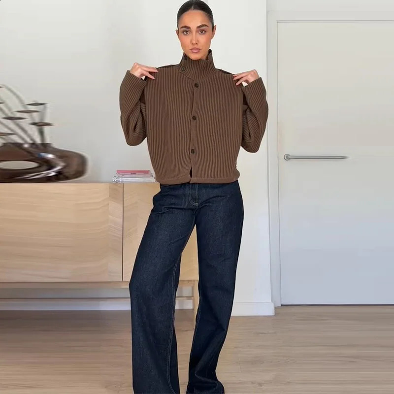 Knitted Womens Cardigan Stand Collar Full Sleeve SingleBreasted Solif Female Cardigans 2026 Spring Fashion Chic Lady Outwears 260209