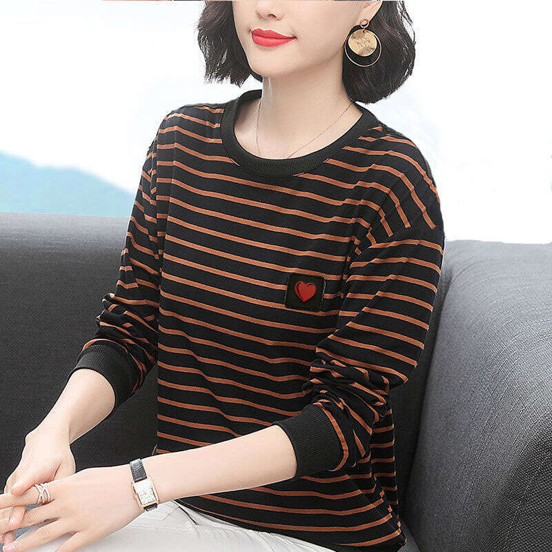 Women's Long-Sleeve T-Shirt 2026 New Style For Middle-Aged Mothers, Plus Size, Loose Fit, Slimming, Horizontal Stripes, Autumn Fashion Top