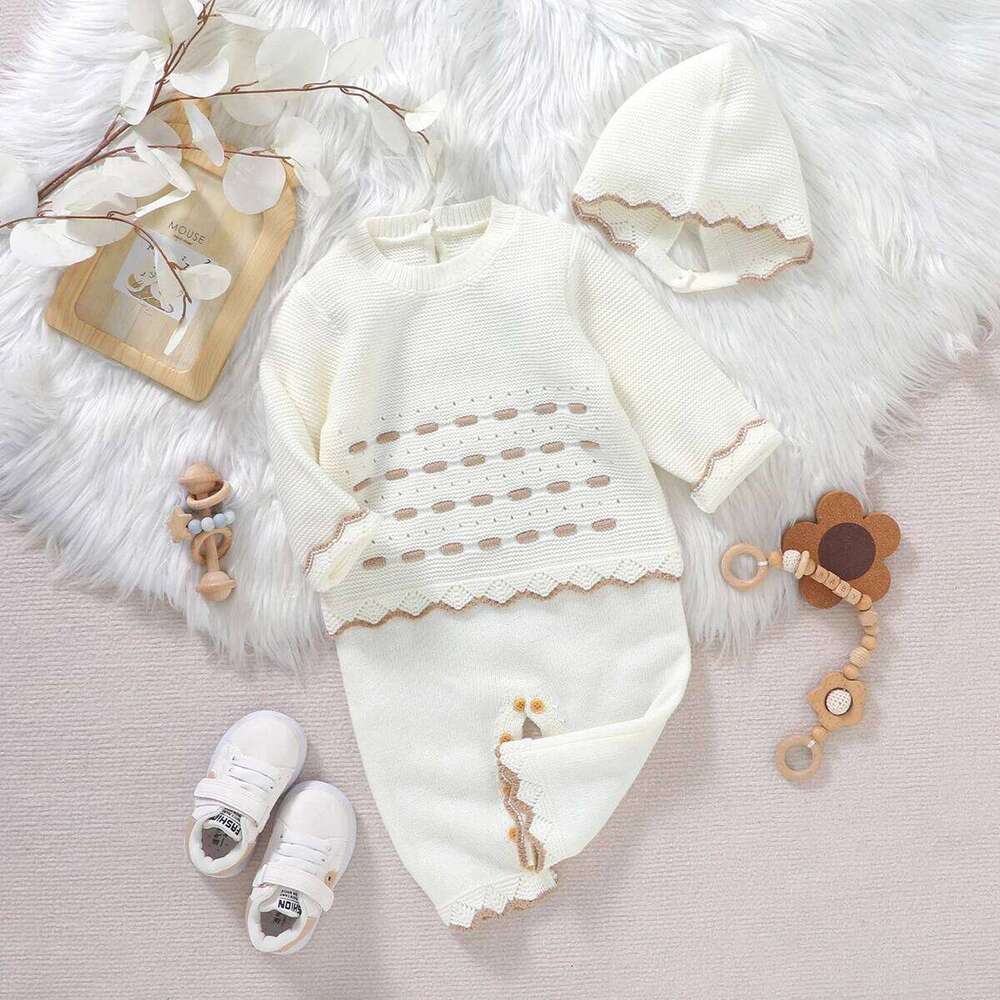 Baby Rompers Knitted Newborn Girls Jumpsuit Long Sleeve Warm Infant Kid Clothing Hat 0-18M Overalls Fashion Ruffles 2pcs Outfits 26H0224