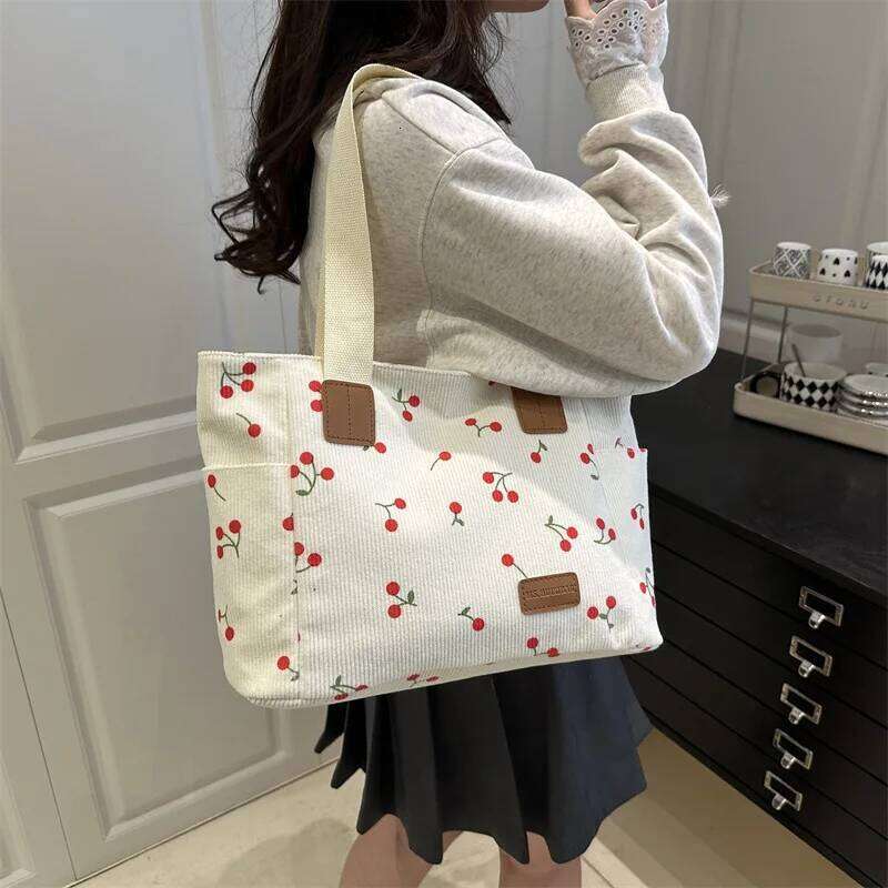 Simple Women's Corduroy Portable Shoulder Bag Cherry Print Ladies Casual Tote Bags Commuter Cute Female Shopping Handbags Z260224
