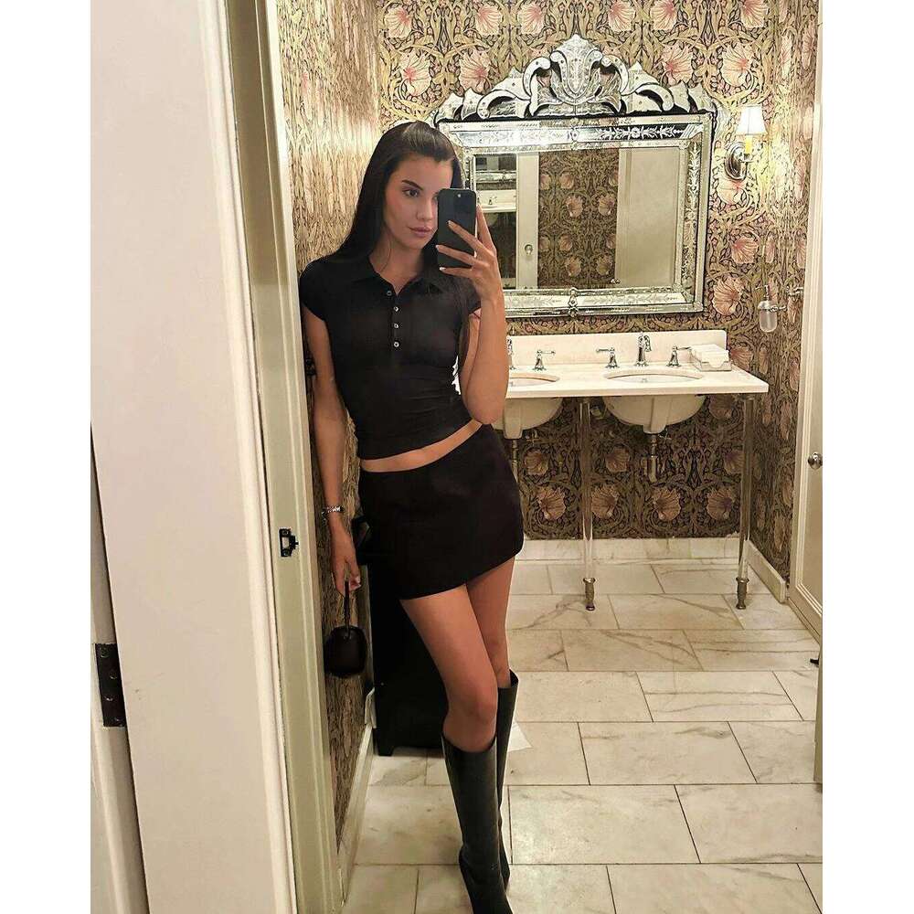 Tank Black Polo Collar T-Shirt, Slim Fit and Sexy Short-Sleeved Summer Women's Short Top 26W0224