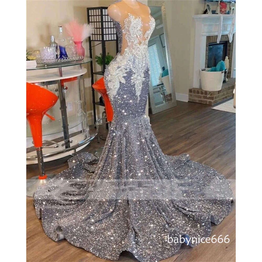 Glitter Silver Mermaid Prom Dresses Luxury Sheer Neck Applique Crystal Beaded Sequins Party Evening Gowns Robe BC15713