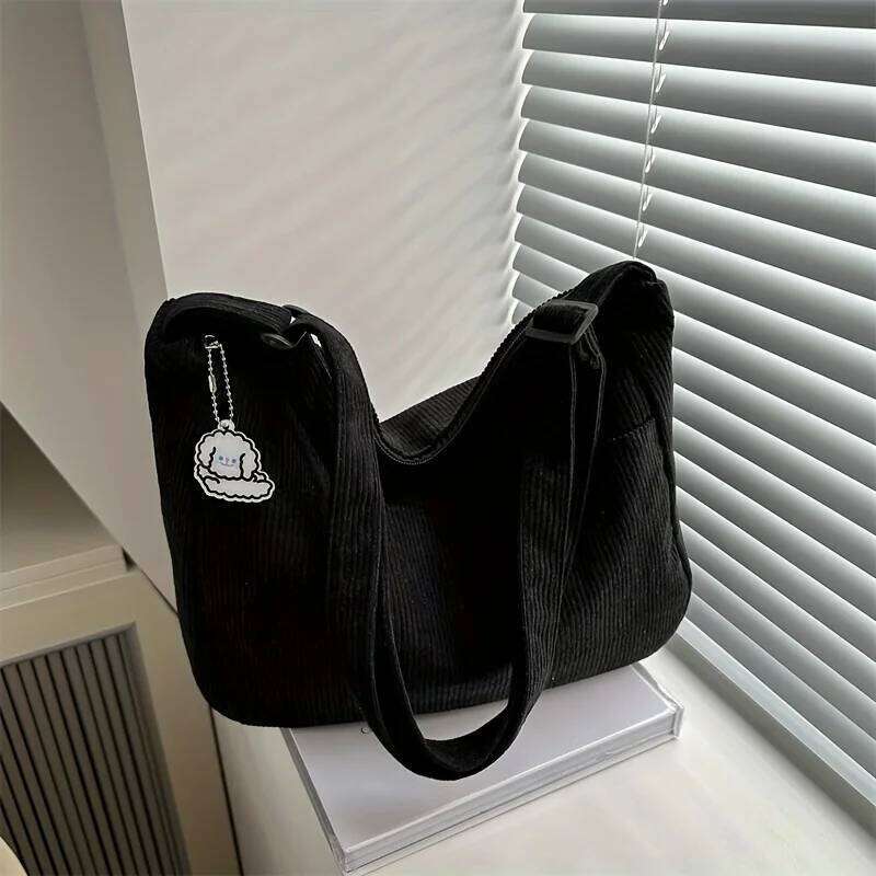 Womens Corduroy Shoulder Bag, Casual Striped Large Capacity Tote with Zipper Closure, Cute Hat Patch, Perfect for Everyday Use Z260224