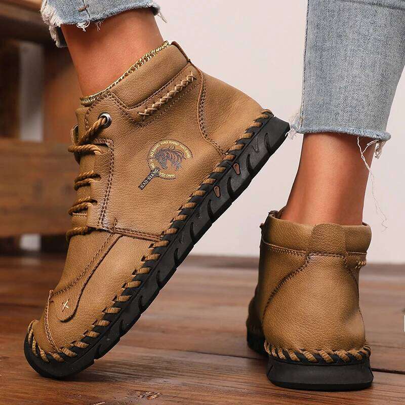 Hot Sale Women's Ankle Suede Leather Handmade Flat Shoes 2025 New Fashionable Lace-Up Boots Comfortable Walking Sneakers