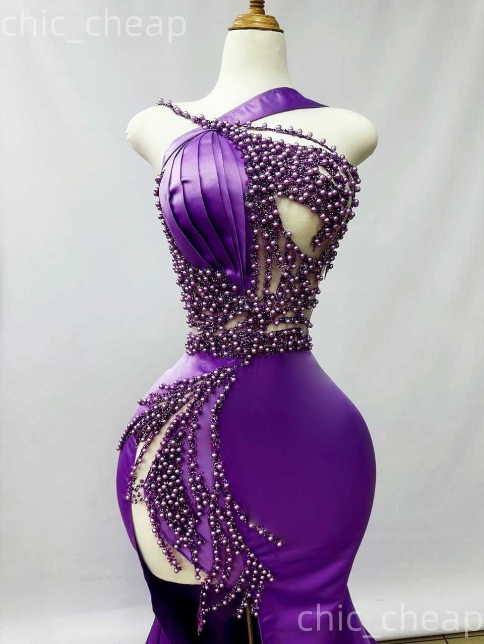 Aso Ebi Purple Mermaid Prom Dresses 2026 Pearls Spaghetti Satin High Split Evening Formal Party Second Birthday Engagement Gowns Dress For Special Occ