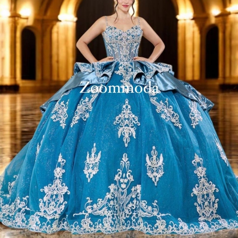 Sea Blue Shiny Quinceanera Dresses Ball Gown Off The Shoulder Applique Lace Beading Crystal Bow Tull Party Birthday Sweet 16 Dress Vestidos 15 De Anos