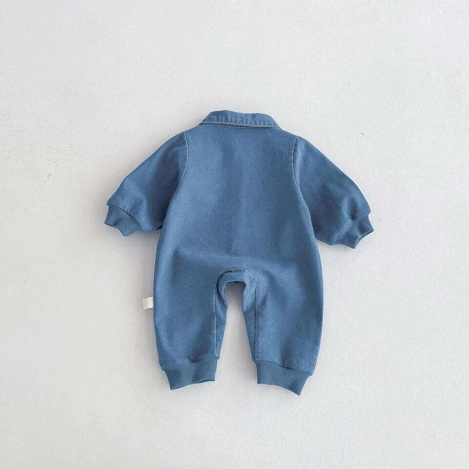 Baby one-piece suit, denim autumn wear, embroidered outdoor crawling for boys and girls, Hayi, first birthday clothes fo 26H0224