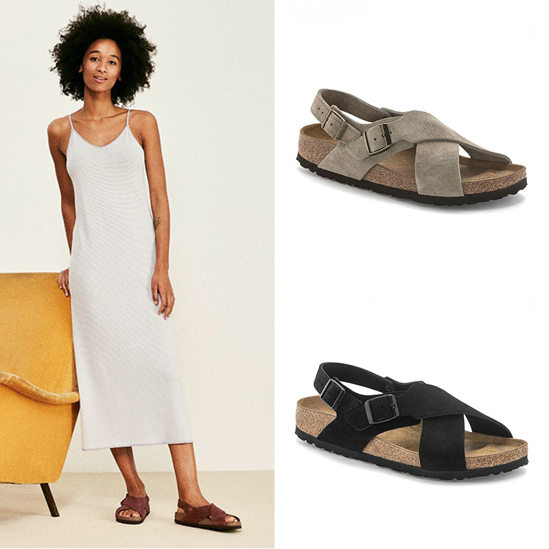 TEEMAZZI Cross strap leather and cork soled designer sandals 2026 hot casual and fashionable slippers for men and women