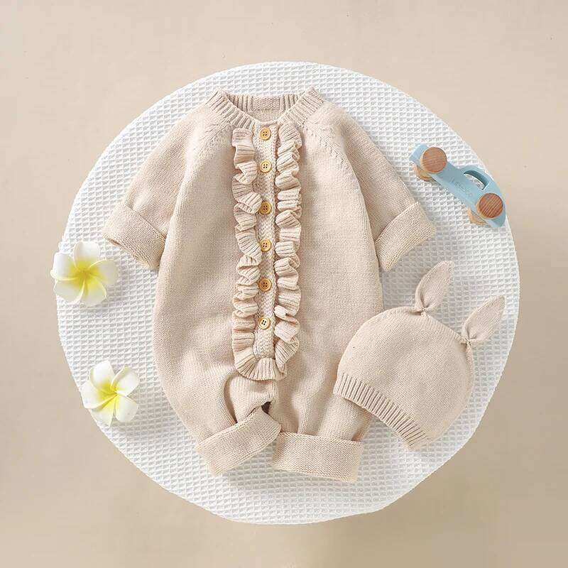 Infant Baby Rompers Knit Newborn Girl Boy Jumpsuit Long Sleeve Autumn Toddler Child Clothes Hat 0-18M Fashion Solid 2PC Overalls 26H0224