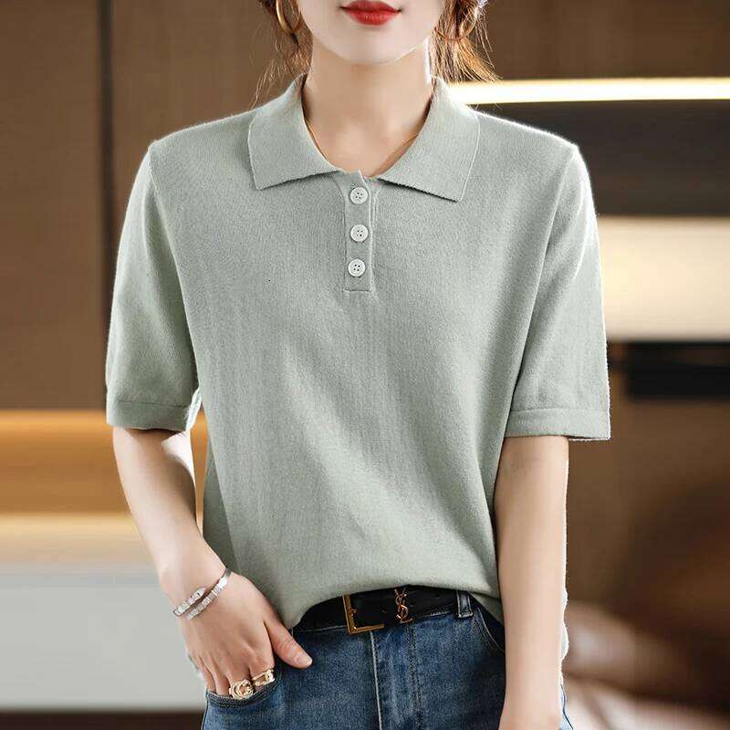 Summer 100% pure cotton women's T-shirt casual solid color knitted pullover short sleeved loose POLO collar Tees Pull vest Tops 26W0224