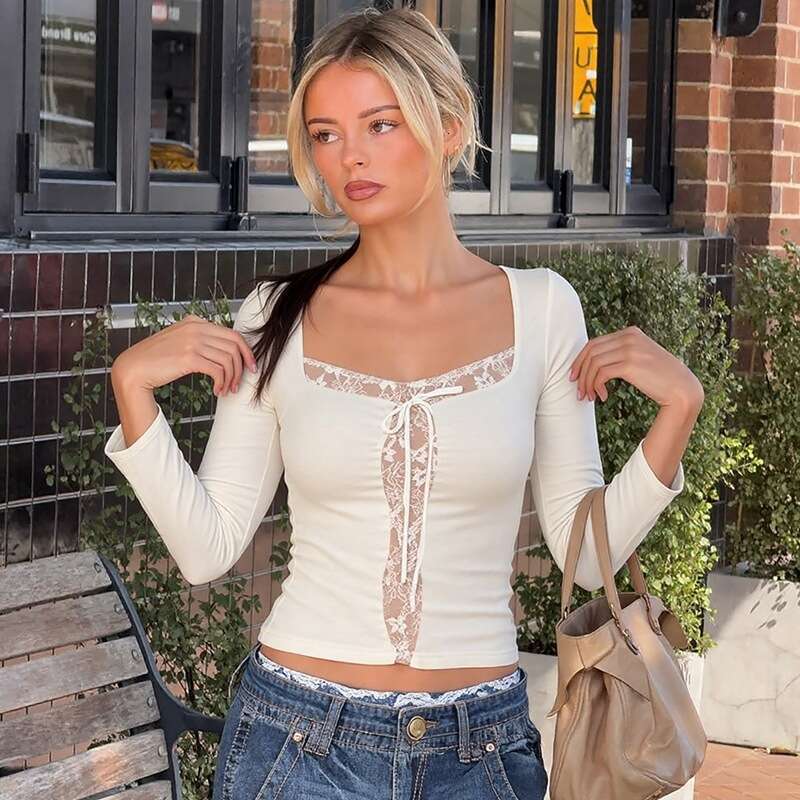 Pure Desire Style Lace Trim Patchwork Square Neck T-Shirt for Women 2025 Autumn New Fashion Slim Fit Versatile Base Shirt Wholesale