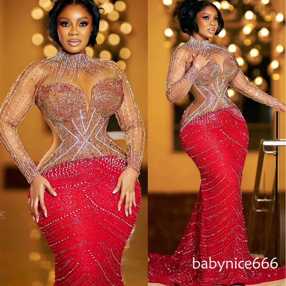 Elegant Red Mermaid Prom Dress with Beaded Crystal Details, Formal Evening Gown for Special Occasions