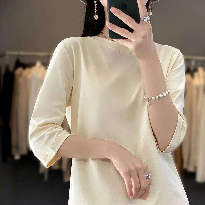 Mercerized Cropped Female Spring And Summer 2023 New Round Neck Loose 100% Cotton Short Sleeve Bottoming T-Shirt 26Y0224