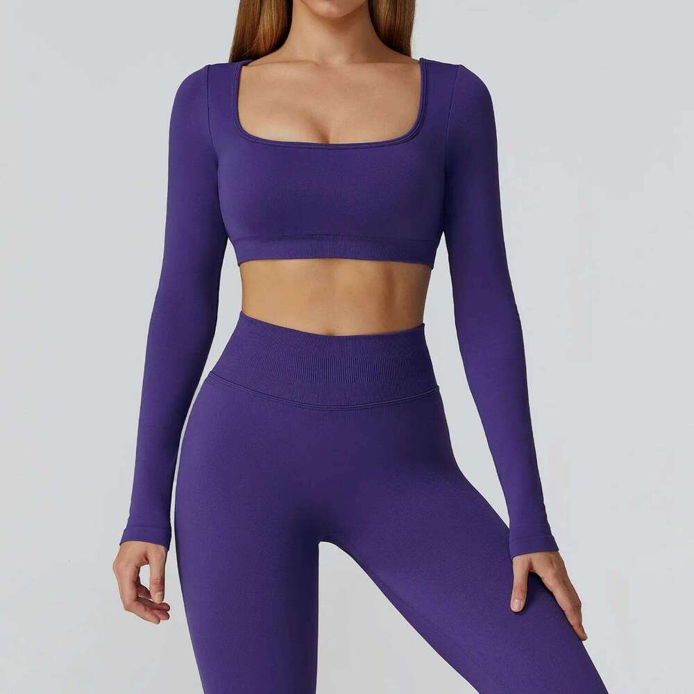Seamless Casual Quick Dry Sportswear Square Neck Gym Women Fitness Sports Crop Top Female Long Sleeve Yoga Clothing 26Y0224