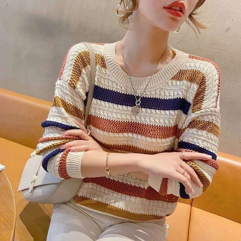 Women Sweater Loose Korean Fashion Knitted Autumn Spring Jumper Striped Hollow Out Streetwear Round Neck Female Clothing 26L0224