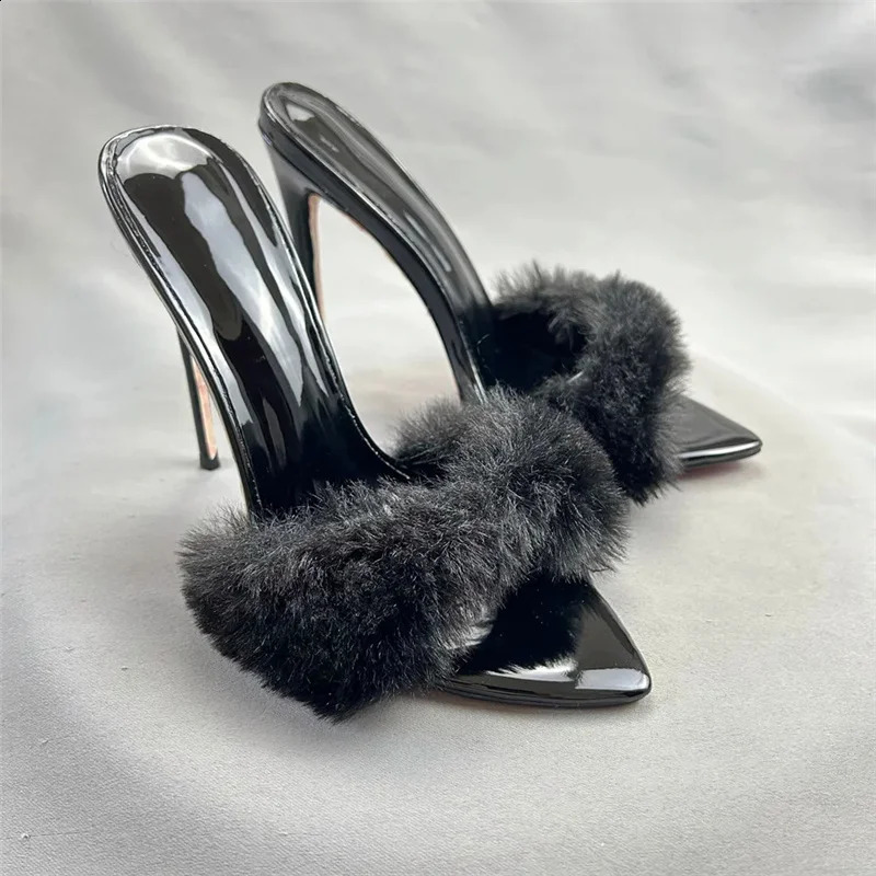 Sexy red faux fur women slippers 12cm high heels pointed toe dress dating party fashion shoes women sandals plus size LX050 260124