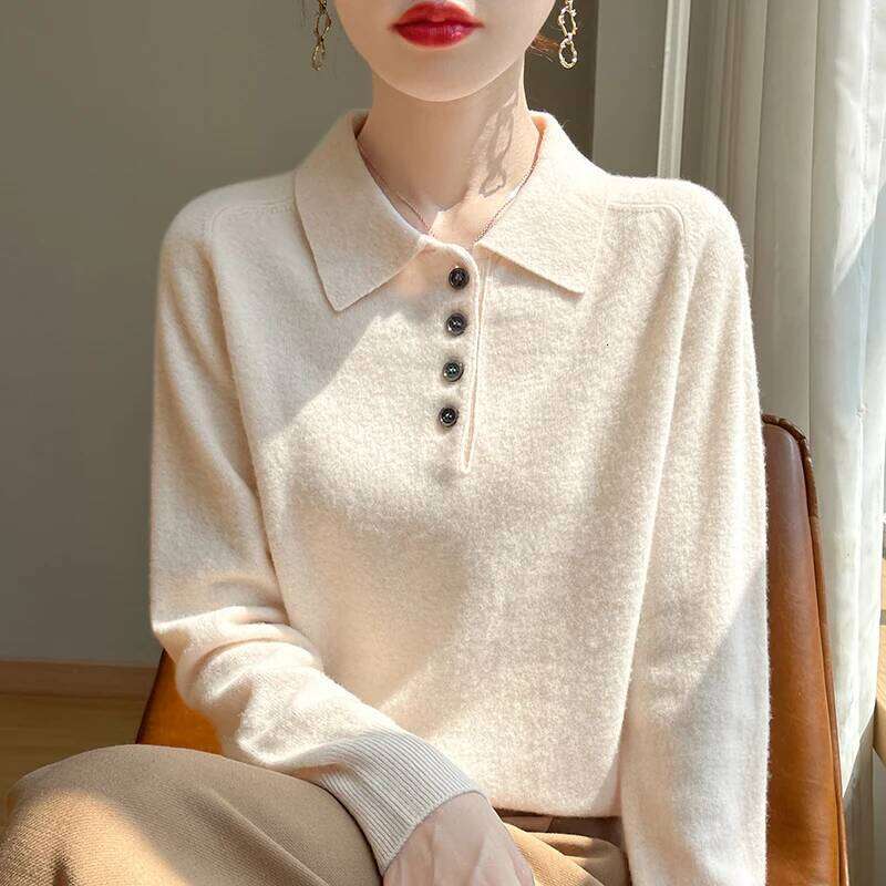Polo Neck Pullover 100% Merino Wool Solid Color Knit Top Fashion Korean Sweater Autumn and Winter Women's Clothes 26W0224