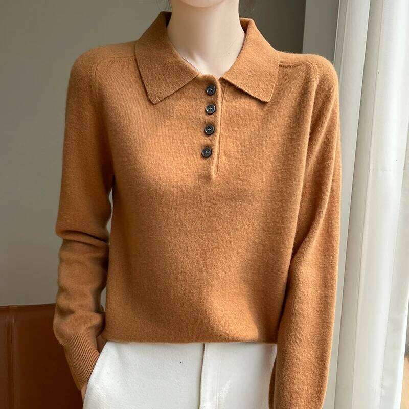 Polo Neck Pullover 100% Merino Wool Solid Color Knit Top Fashion Korean Sweater Autumn and Winter Women's Clothes 26W0224